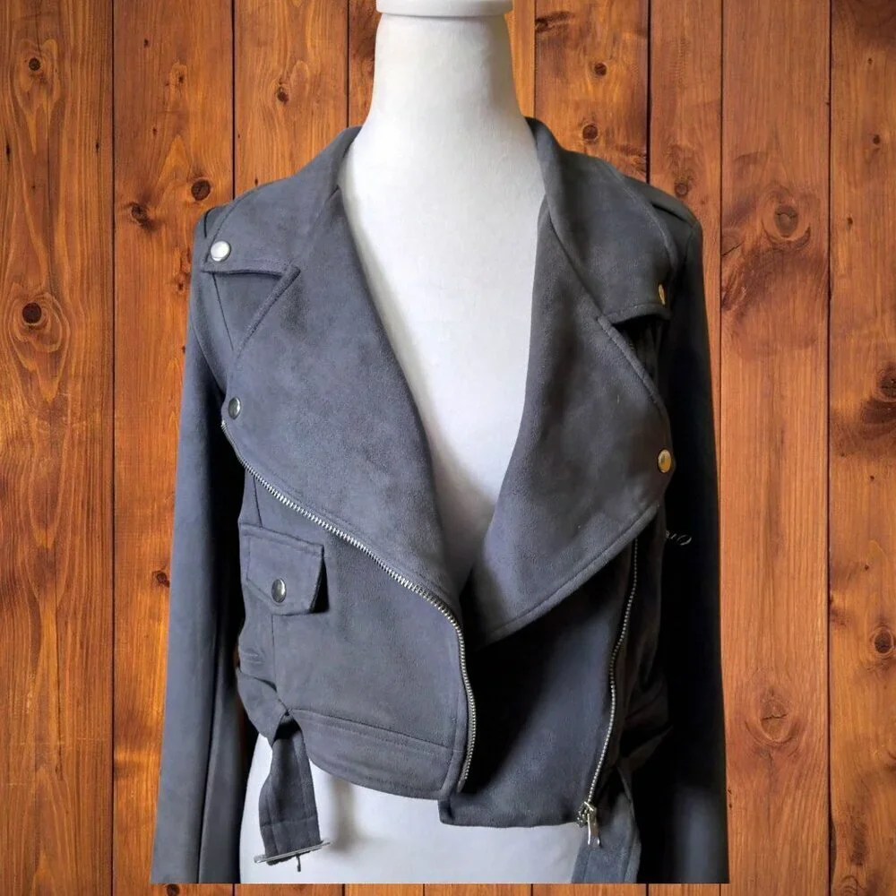 Signature 8 Women's Medium Gray Faux Suede Moto Biker Jacket READ - Picture 3 of 9